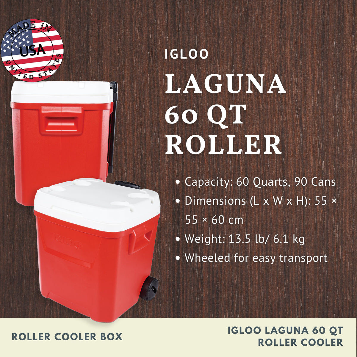 IGLOO LAGUNA 60 Qt Roller Cooler (Red)