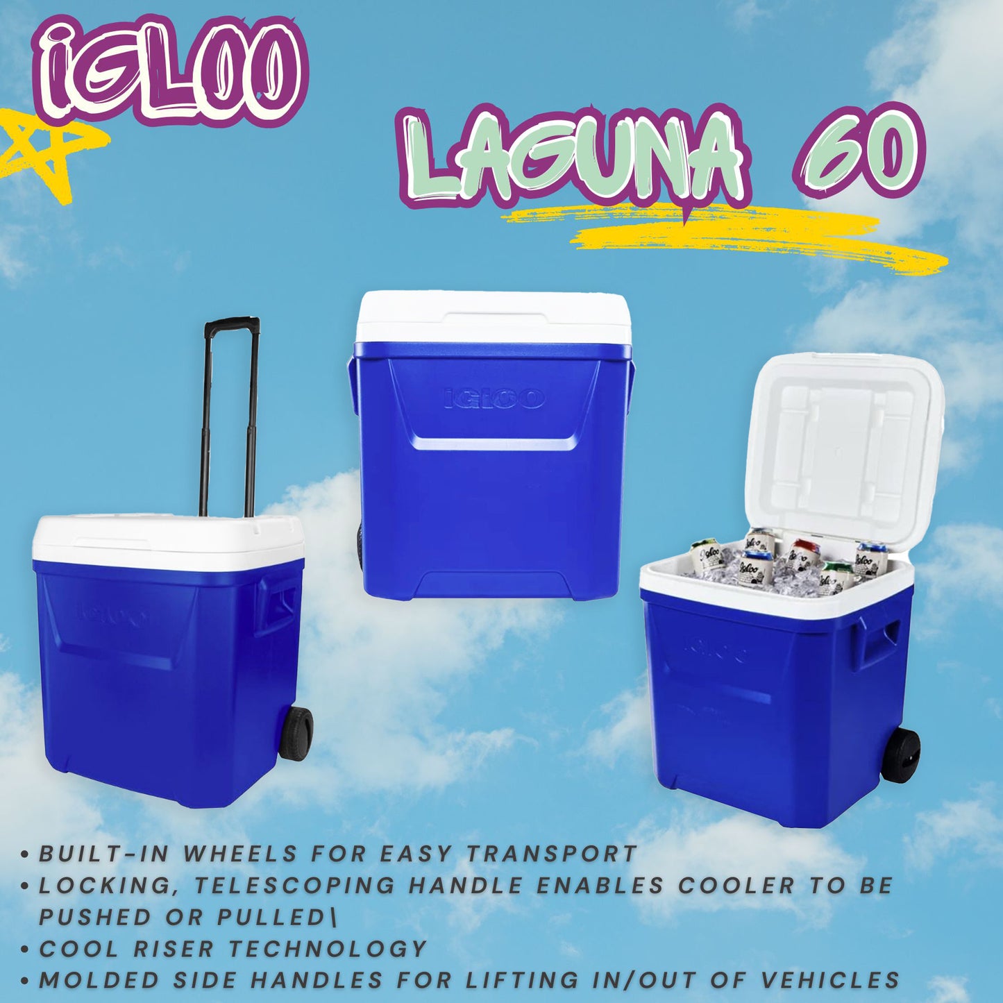IGLOO LAGUNA 60 Qt Roller Cooler (Blue)