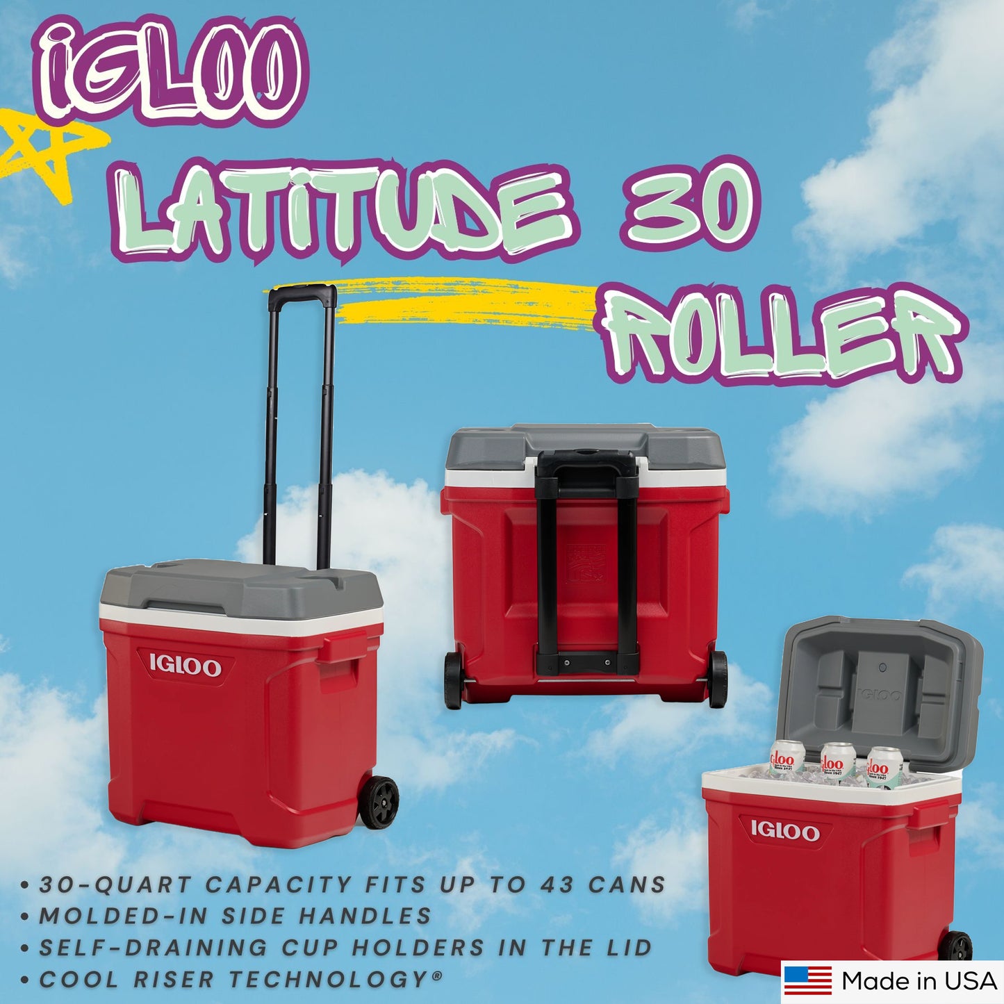 IGLOO Latitude 30 Qt Roller Cooler (Red)
