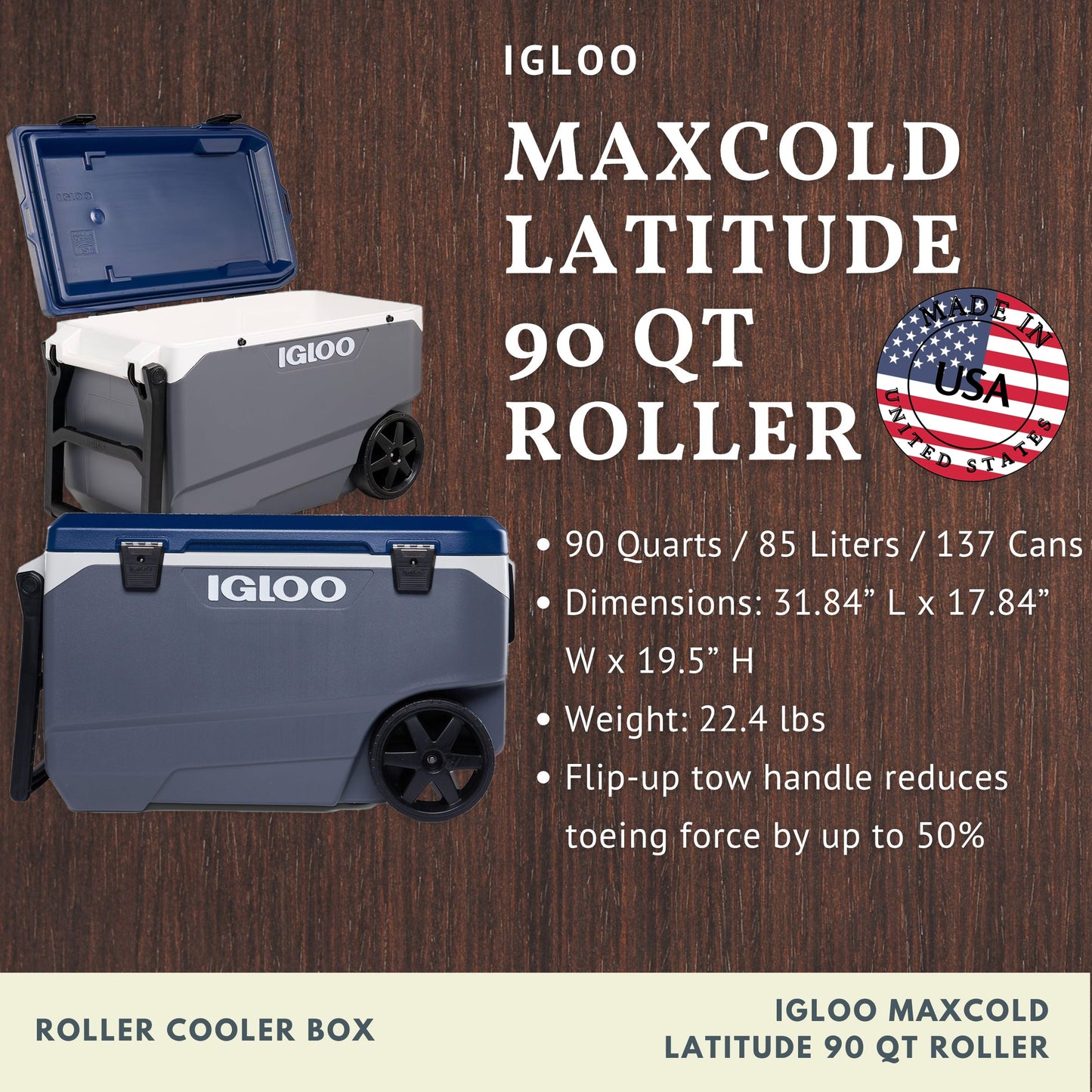 IGLOO Maxcold Latitude 90 Roller | 90 Quarts | 85 Liters | 137 Cans