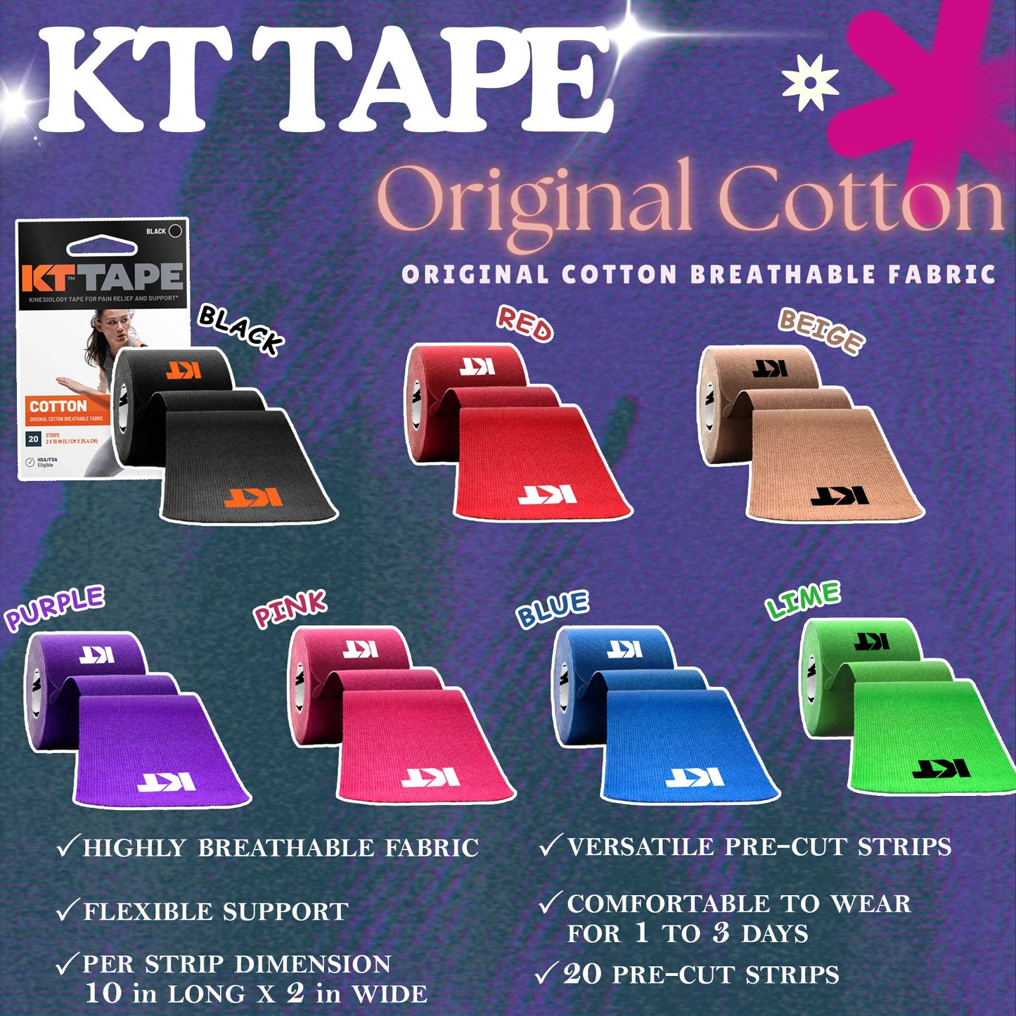 KT TAPE Original Cotton - 20 Pre-Cut Strips | Sports tape | Recovery tape | Muscle support