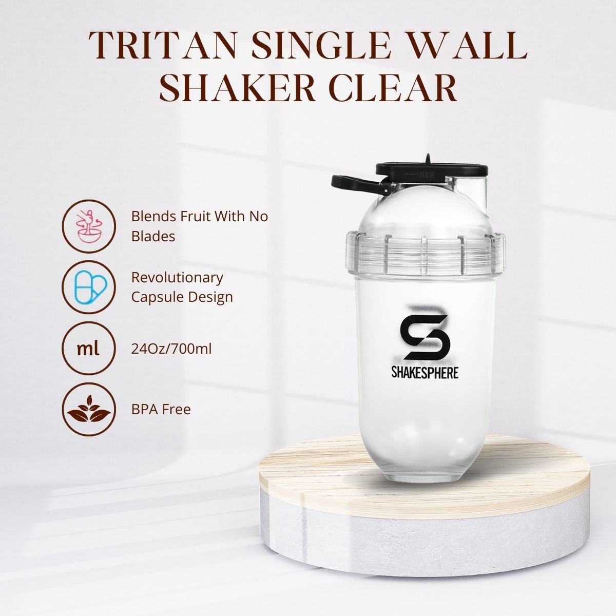 ShakeSphere Tritan Single Wall Shaker Clear 700ml | Protein Shaker Bottle | Gym Bottle