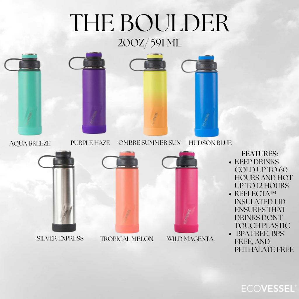 ECOVESSEL THE BOULDER - INSULATED WATER BOTTLE W/ STRAINER - 20 OZ