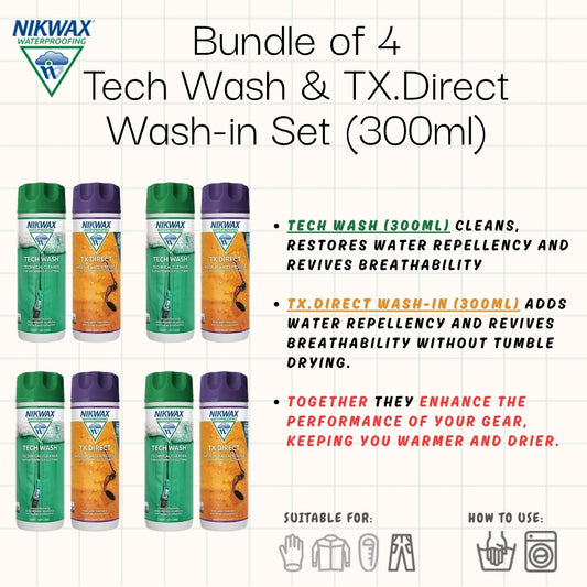 [Bundle of 4] NIKWAX Tech Wash & TX.Direct Wash-in DuoPack (300ml) | Detergent | Waterproof