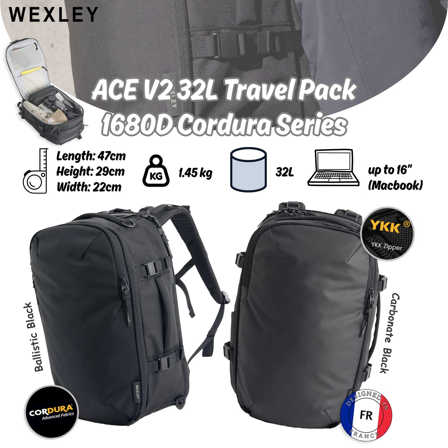 WEXLEY ACE V2 32L Travel Pack 1680D Cordura Series | Travel Backpack | Laptop Backpack