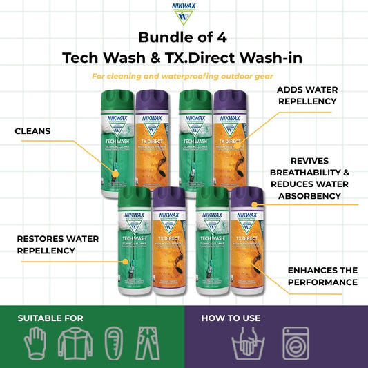 [Bundle of 4] NIKWAX Tech Wash & TX.Direct Wash-in DuoPack (300ml) | Detergent | Waterproof