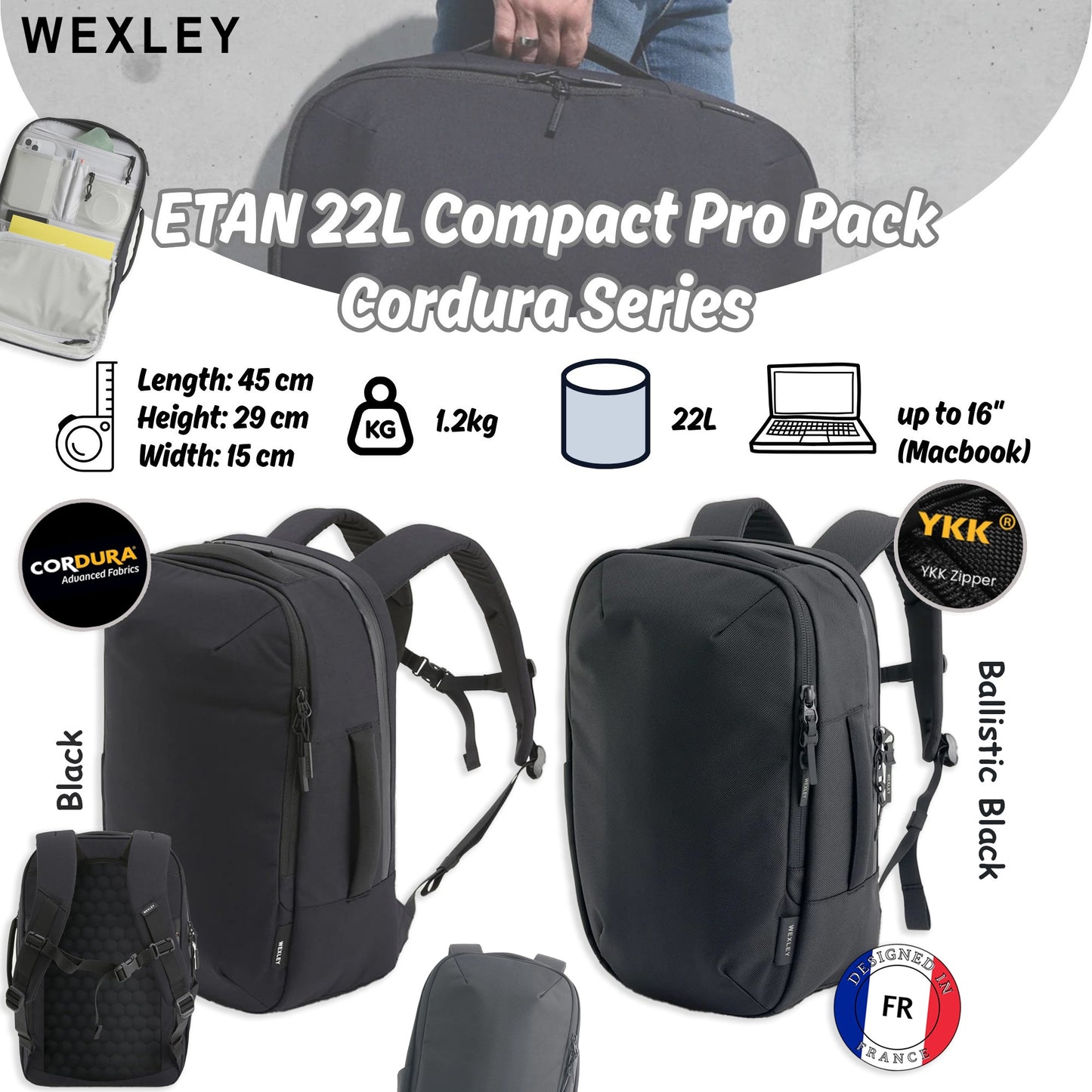 WEXLEY ETAN 22L Compact Pro Pack 1680D Cordura Series | Travel Backpack | Laptop Backpack
