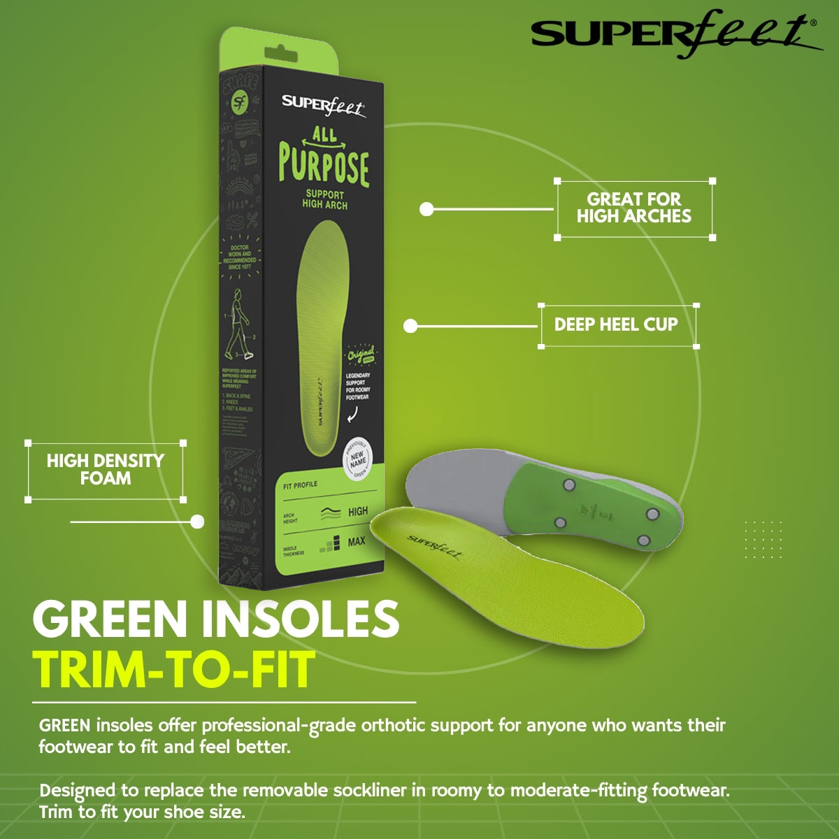 SUPERFEET GREEN INSOLES (TRIM-TO-FIT) (Professional-Grade Orthotic Support)