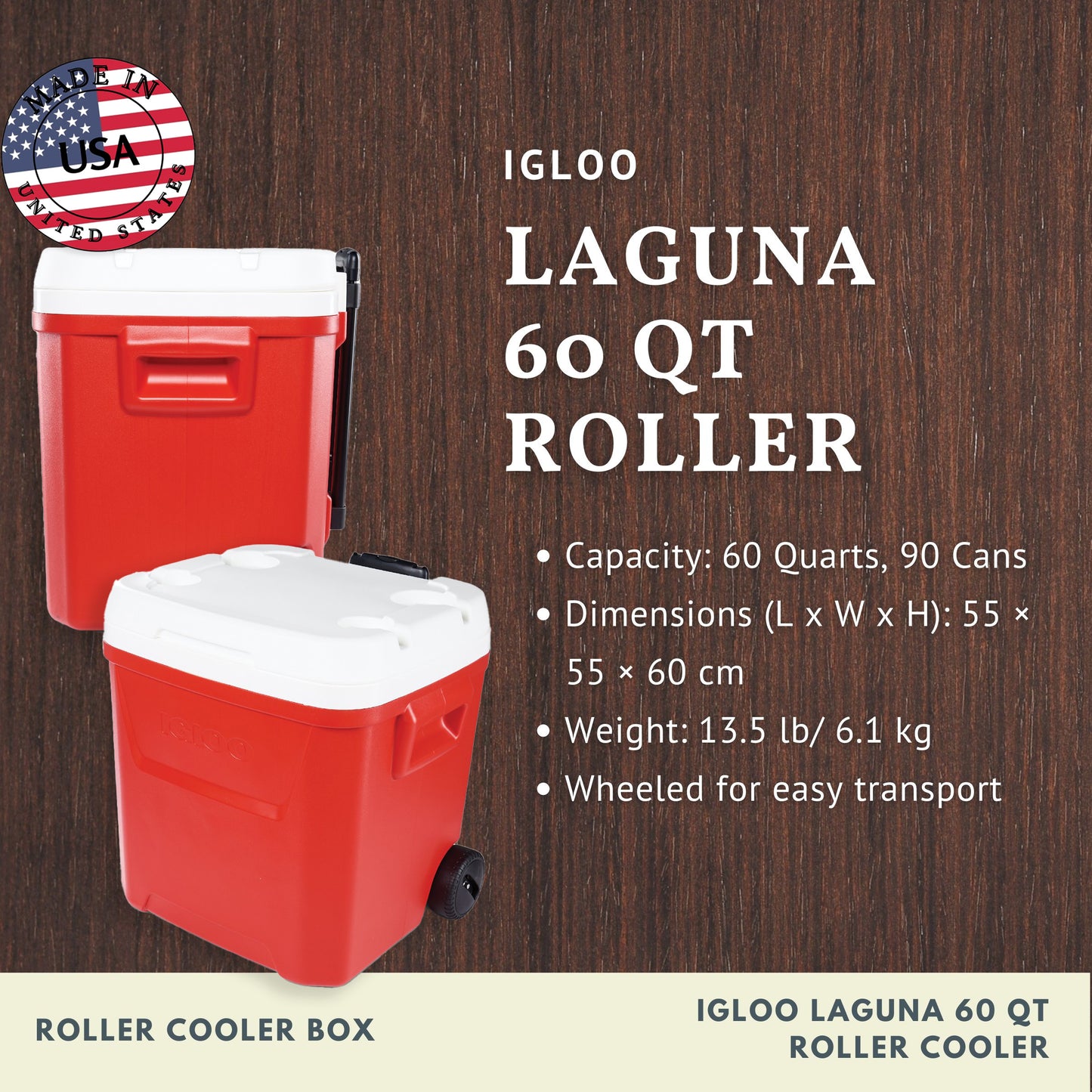 IGLOO LAGUNA 60 Qt Roller Cooler (Red)