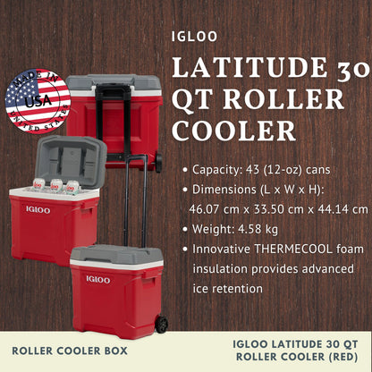 IGLOO Latitude 30 Qt Roller Cooler (Red)