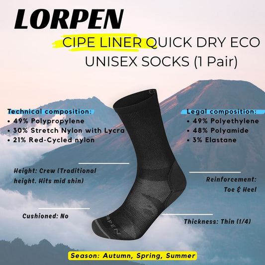 LORPEN CIPE LINER QUICK DRY ECO UNISEX SOCKS - 1 PAIR