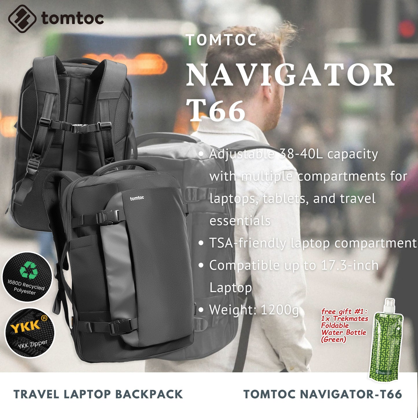 Tomtoc Navigator-T66 Travel Laptop Backpack | Laptop Bag (Black)