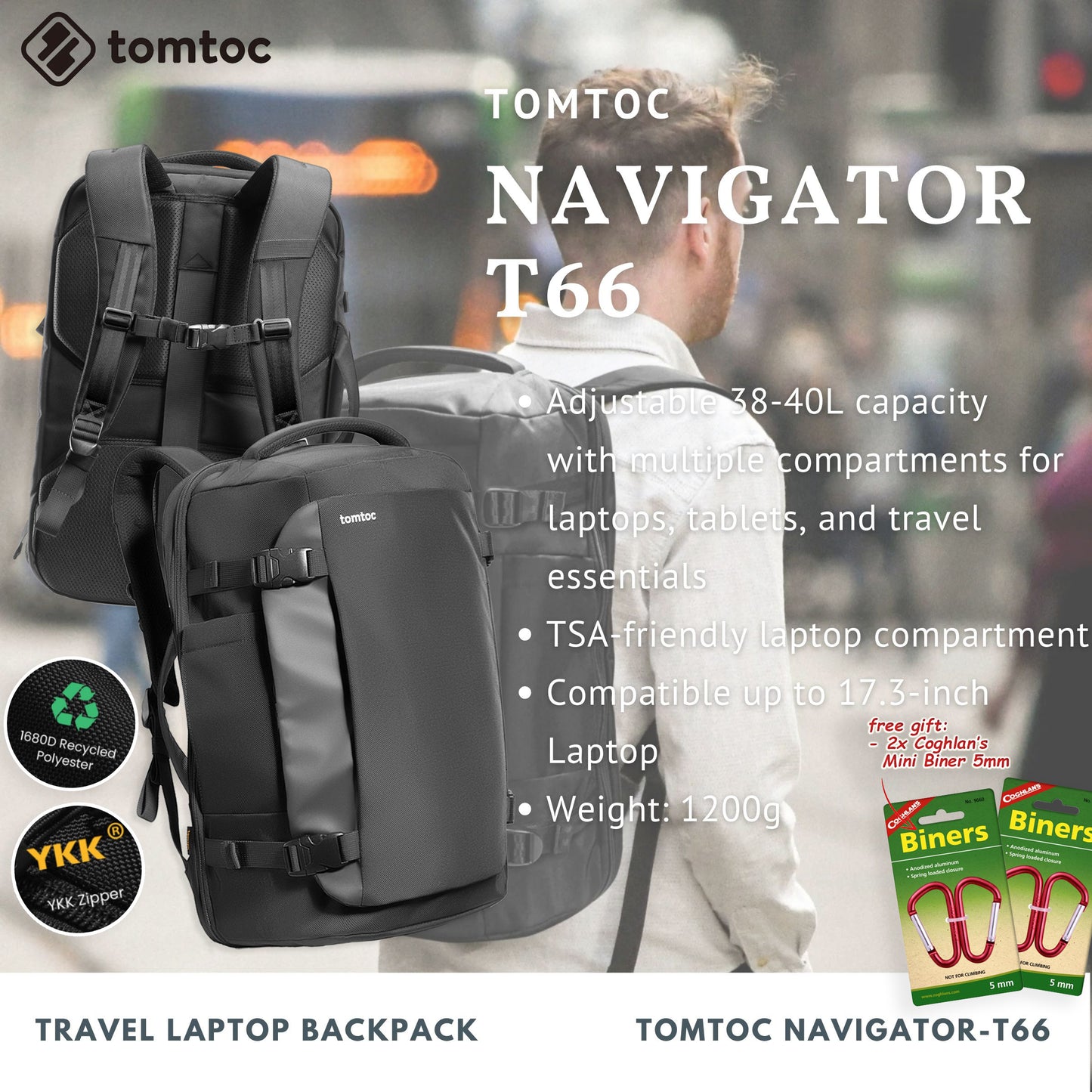 Tomtoc Navigator-T66 Travel Laptop Backpack | Laptop Bag (Black)