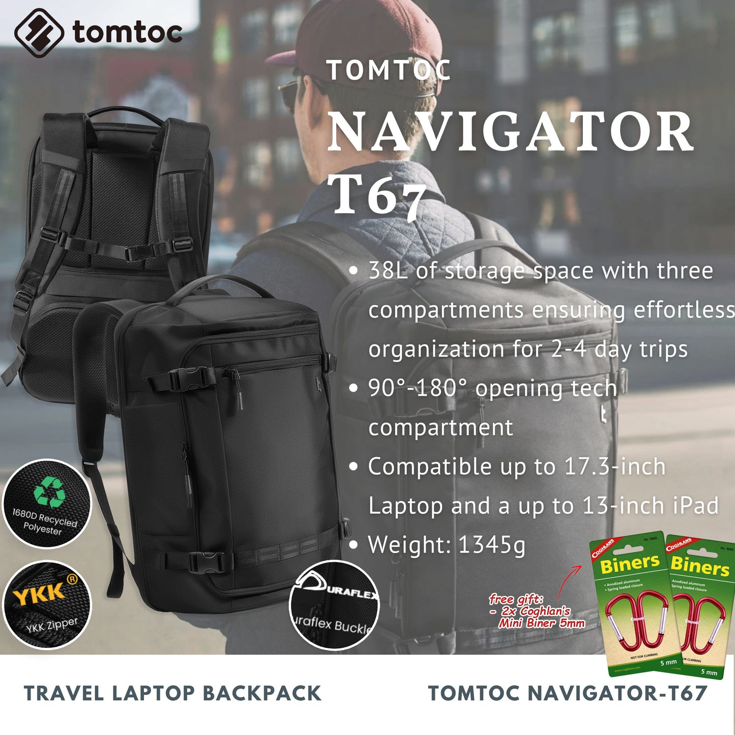 Tomtoc Navigator-T67 Travel Laptop Backpack | Laptop Bag (Black)
