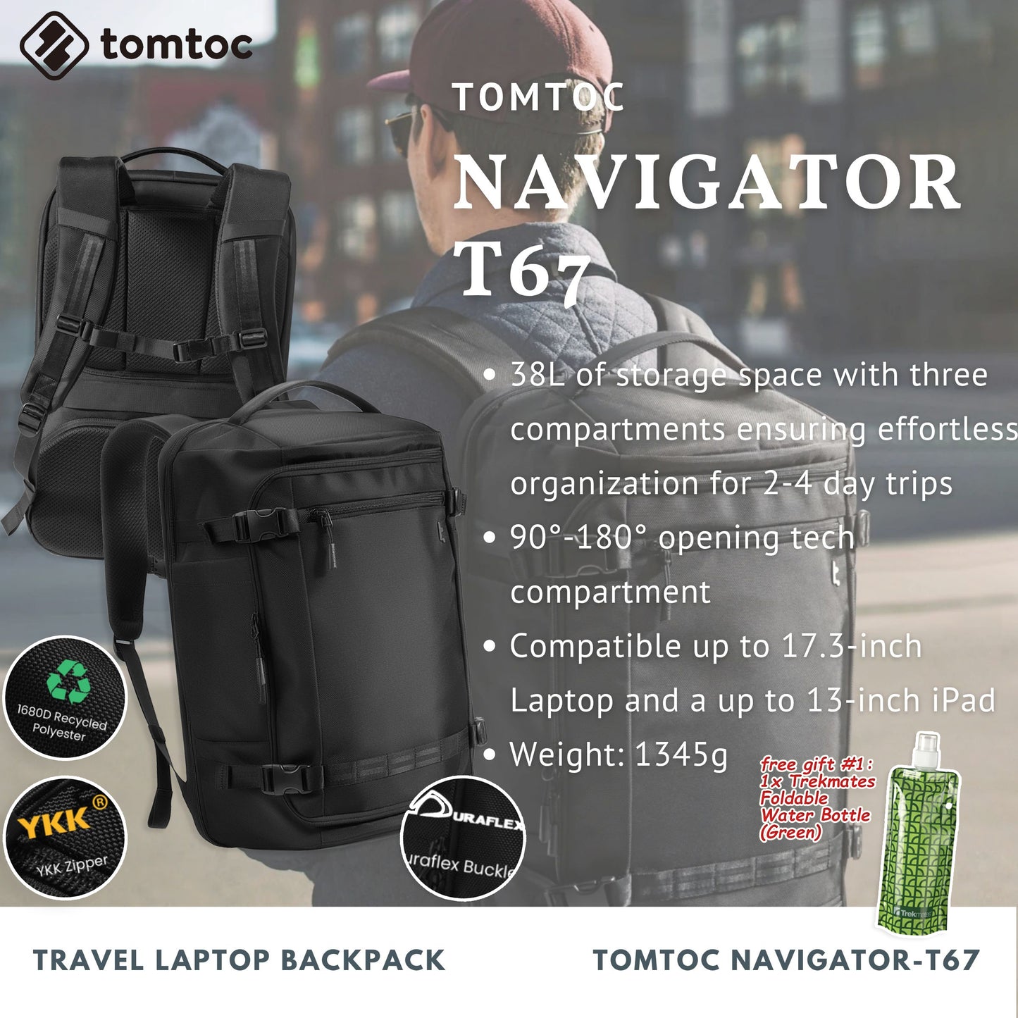 Tomtoc Navigator-T67 Travel Laptop Backpack | Laptop Bag (Black)