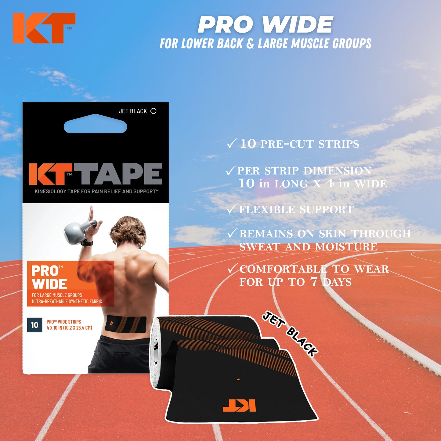 KT TAPE Pro Wide - 10 Pre-Cut Strips | Sports tape | Recovery tape | Muscle support | Pain relief