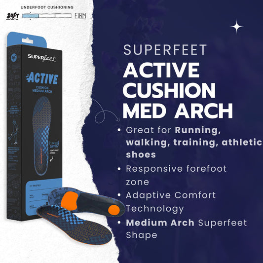 SUPERFEET ACTIVE CUSHION MED ARCH INSOLES (GREAT FOR RUNNING & WALKING SHOES)