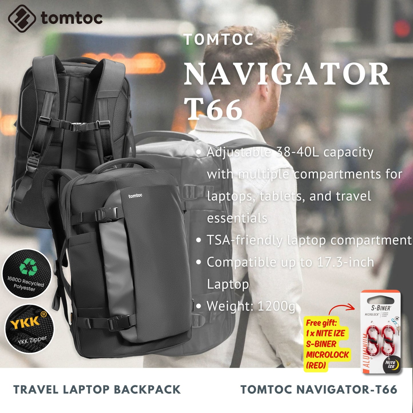 Tomtoc Navigator-T66 Travel Laptop Backpack | Laptop Bag (Black)