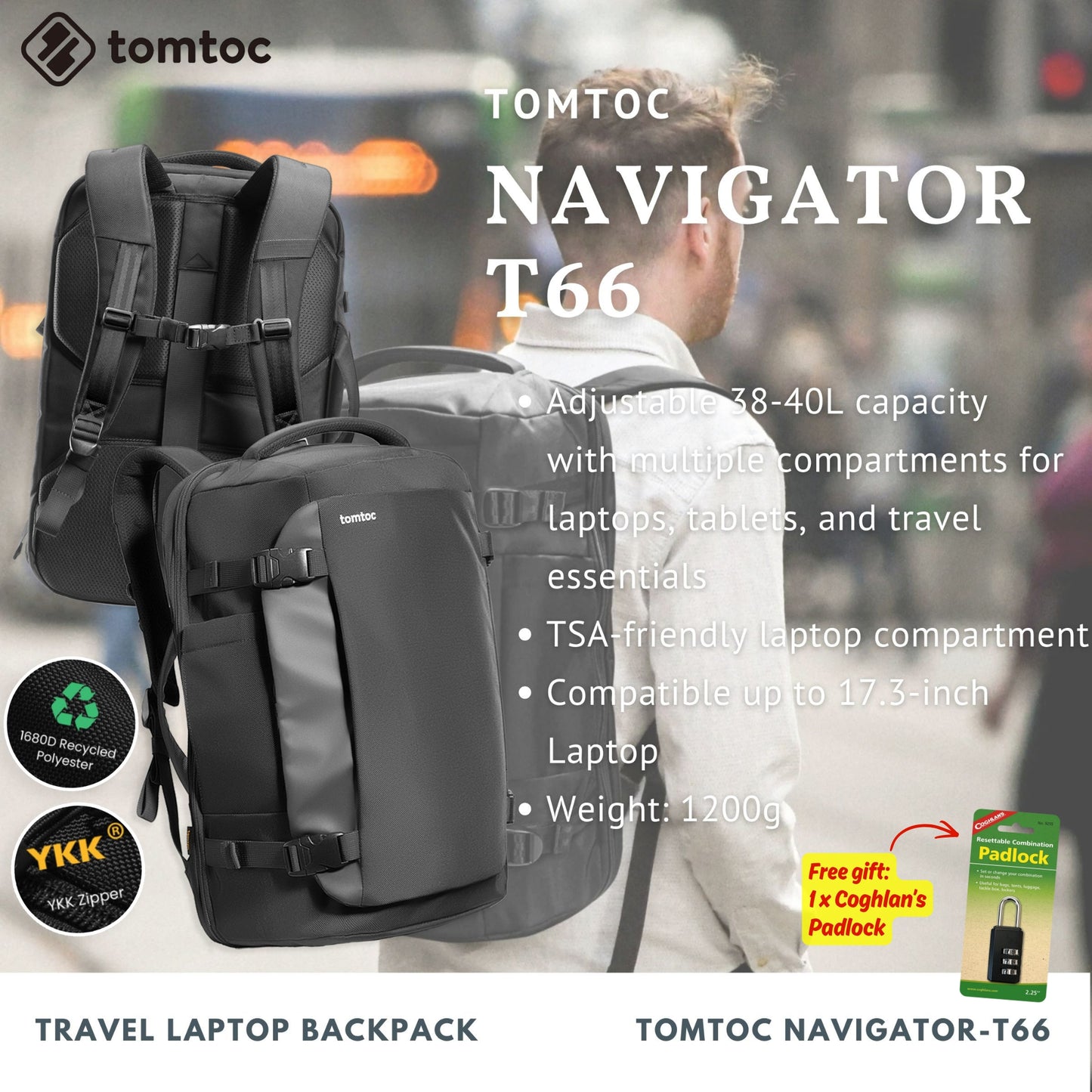 Tomtoc Navigator-T66 Travel Laptop Backpack | Laptop Bag (Black)