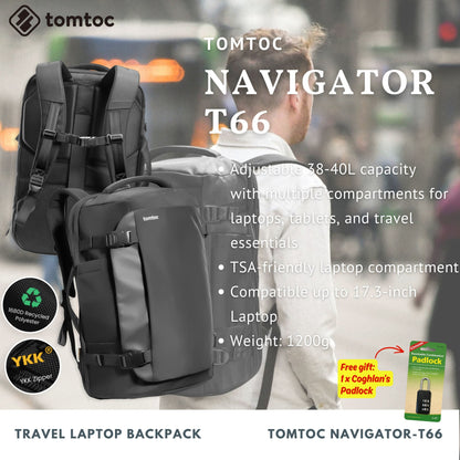 Tomtoc Navigator-T66 Travel Laptop Backpack | Laptop Bag (Black)