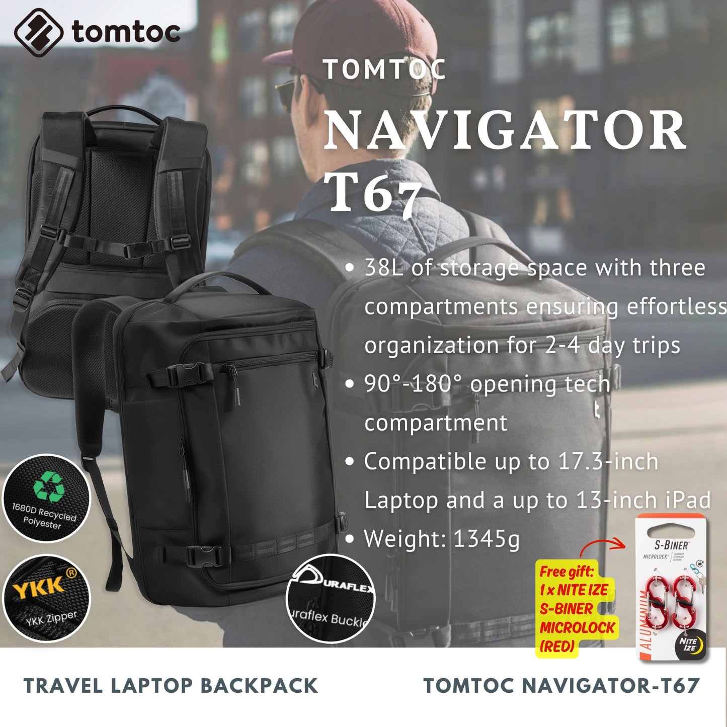 Tomtoc Navigator-T67 Travel Laptop Backpack | Laptop Bag (Black)