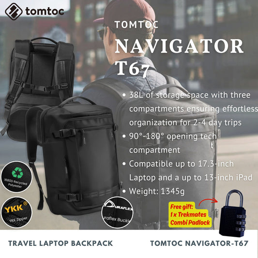 Tomtoc Navigator-T67 Travel Laptop Backpack | Laptop Bag (Black)