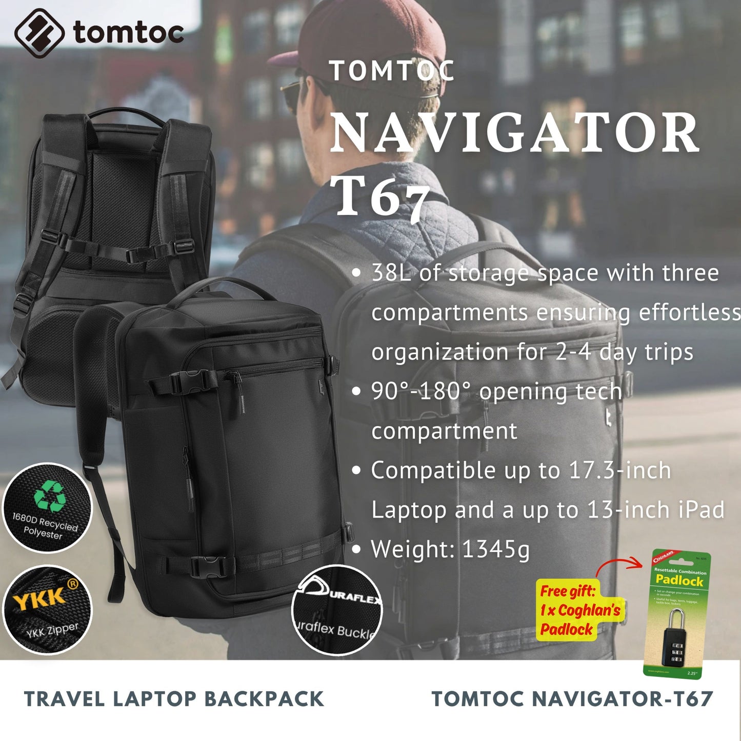 Tomtoc Navigator-T67 Travel Laptop Backpack | Laptop Bag (Black)
