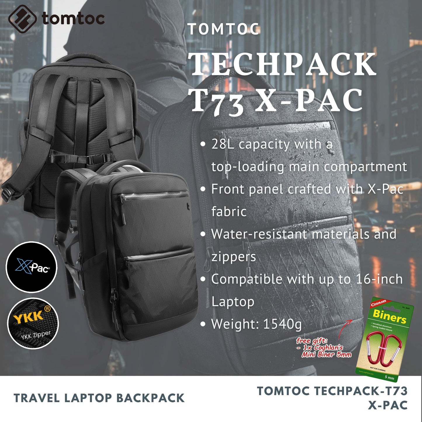 Tomtoc TechPack-T73 X-Pac Laptop Backpack | Laptop Bag (Black)