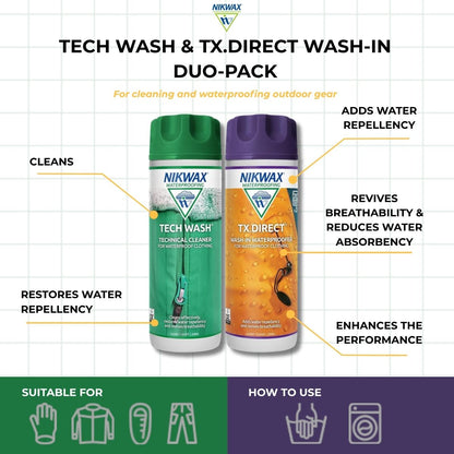 NIKWAX Tech Wash & TX.Direct Wash-in DuoPack (300ml) | Detergent | Waterproof
