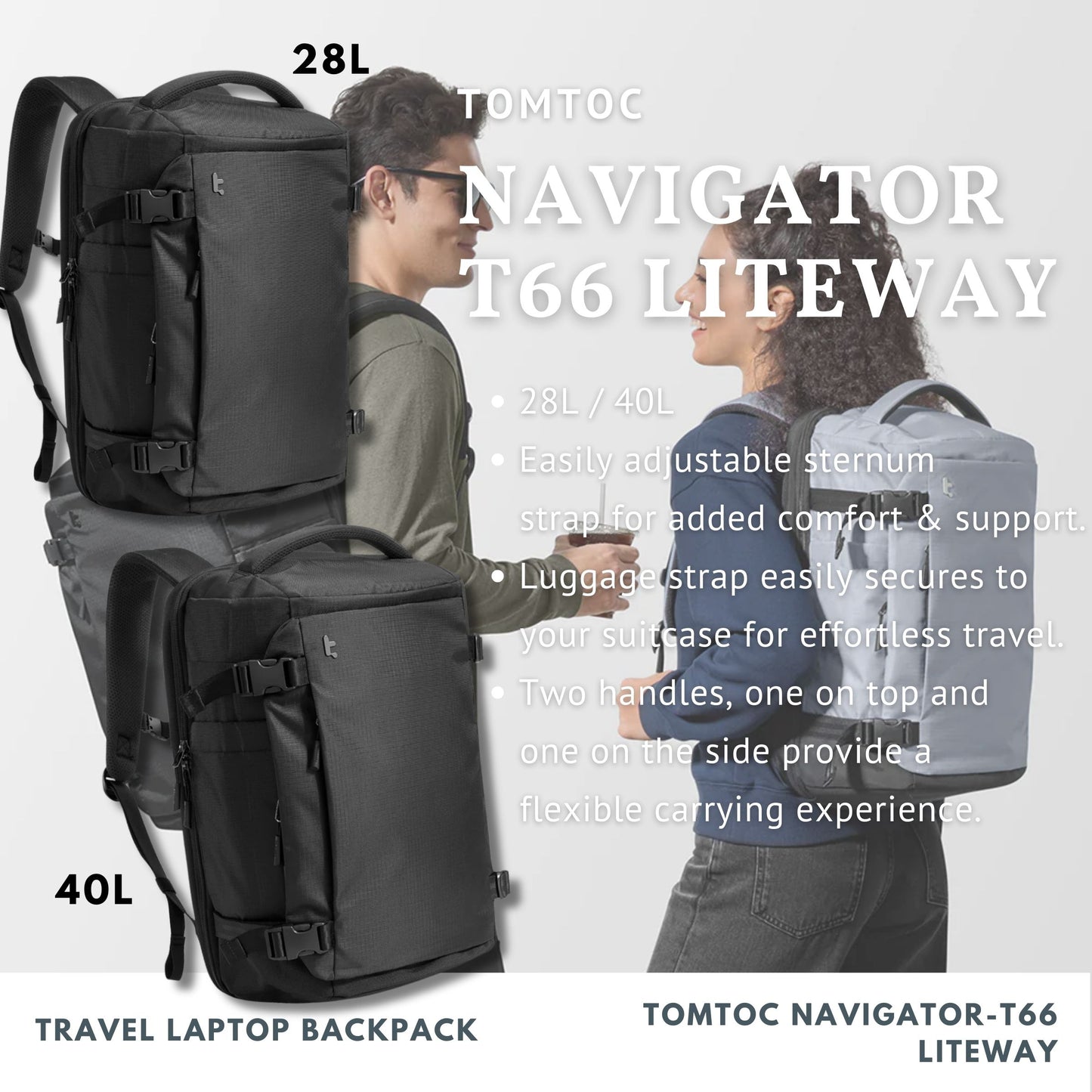 Tomtoc Navigator-T66 Liteway Travel Laptop Backpack 28L | 40L (Black)