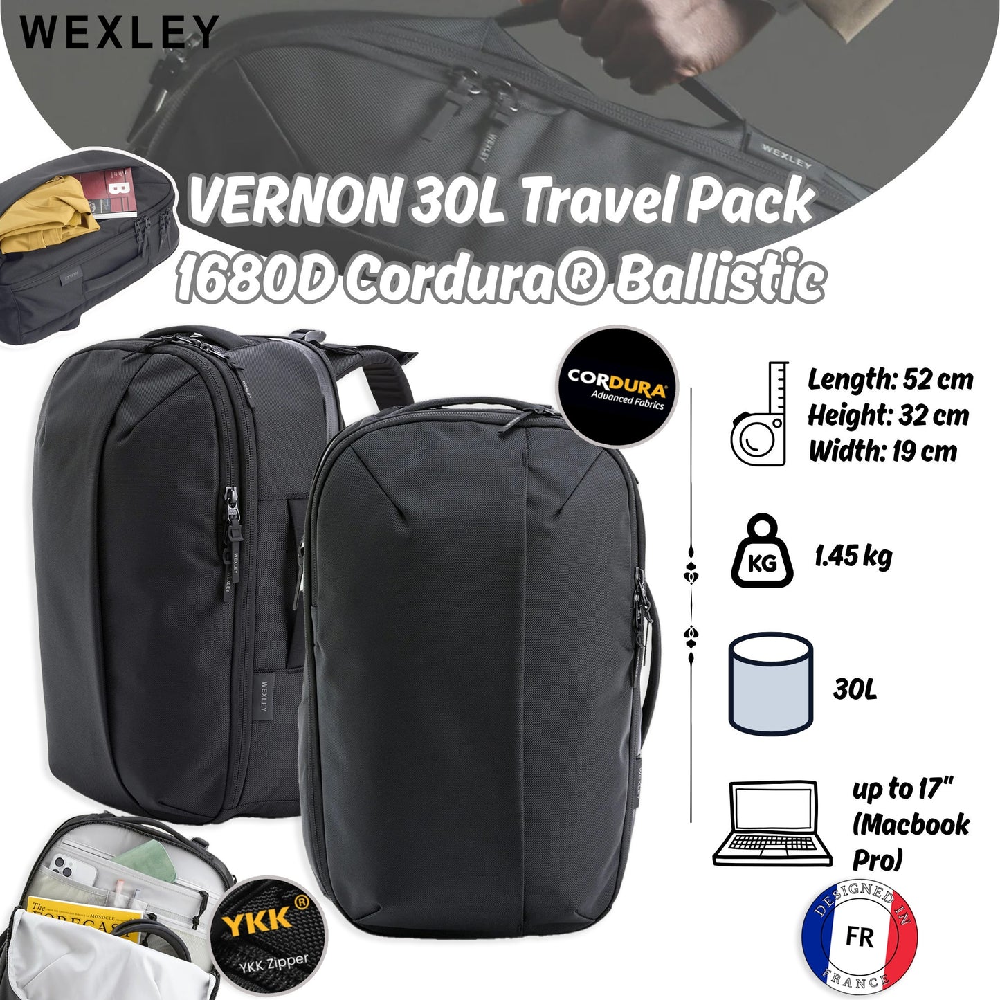 WEXLEY VERNON 30L Travel Pack 1680D Cordura Ballistic | Travel Backpack | Laptop Backpack