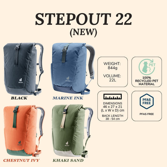 DEUTER STEPOUT 22 LIFESTYLE DAYPACK (NEW) | Laptop Backpack | Ergonomic Design | 22 liters