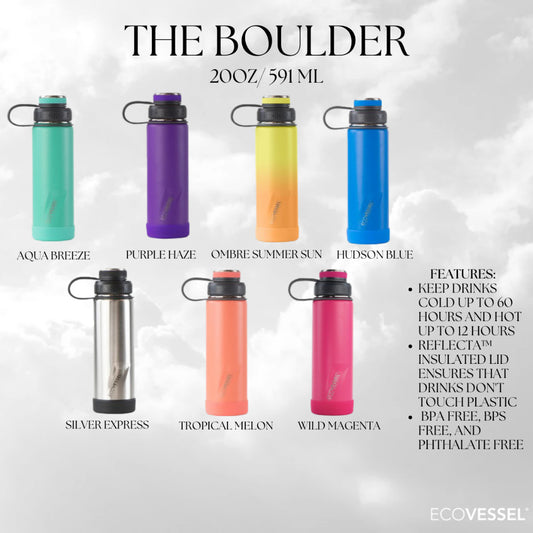 ECOVESSEL THE BOULDER - INSULATED WATER BOTTLE W/ STRAINER - 20 OZ