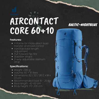 Deuter Aircontact Core 60+10 (Baltic Nightblue) | Trekking Backpack