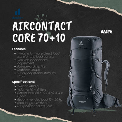 Deuter Aircontact Core 70+10 (Black) | Trekking Backpack