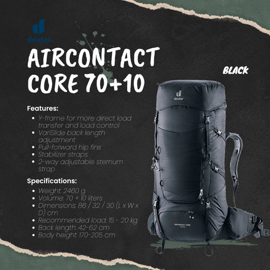 Deuter Aircontact Core 70+10 (Black) | Trekking Backpack