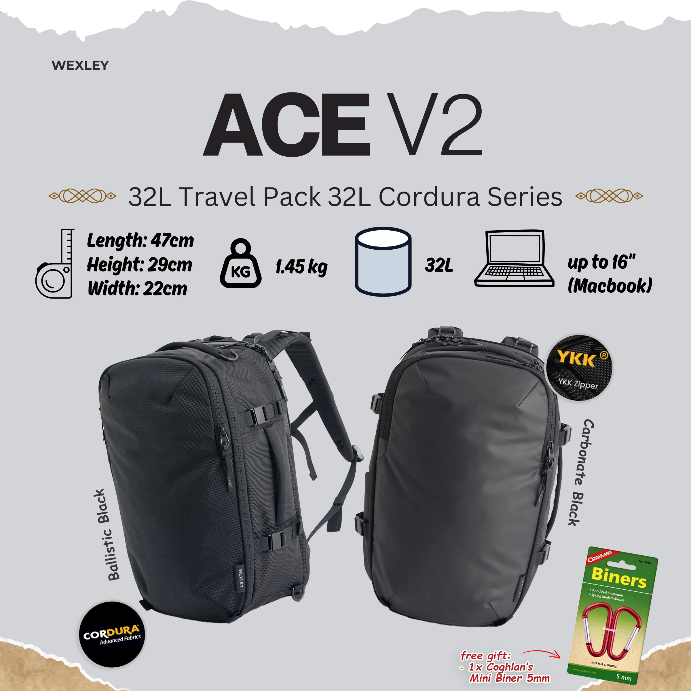 ACE V2 / 32L Travel Pack 1680D Cordura® WEXLEY - Ace V2 Modular Travel Pack Cordura® Series